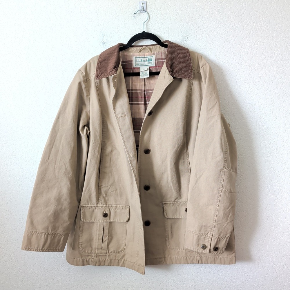 LL Bean Mens XL Field Coat Barn Jacket Tan Plaid Flannel Lined Heritage Barncore